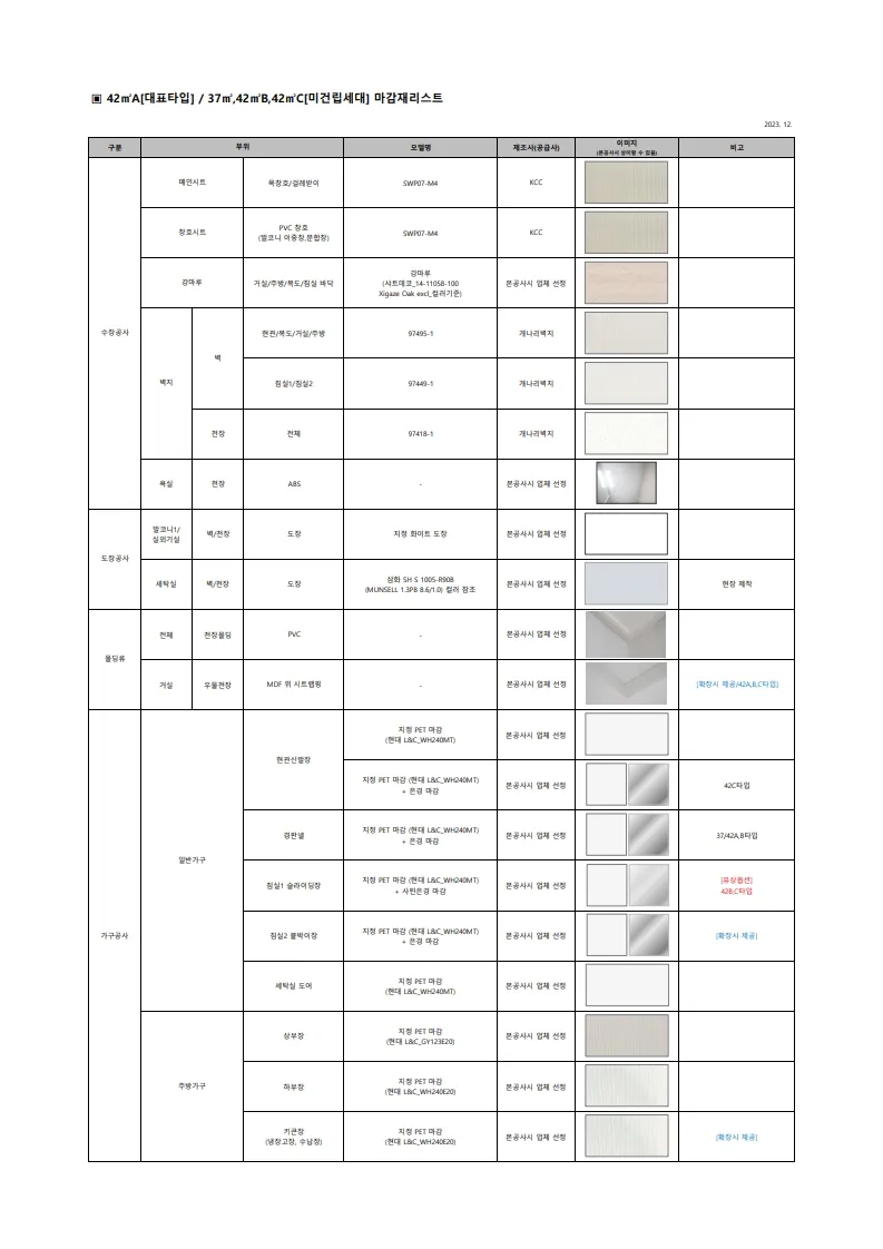 개봉 루브루 분양승인마감자재리스트 일반분양용
